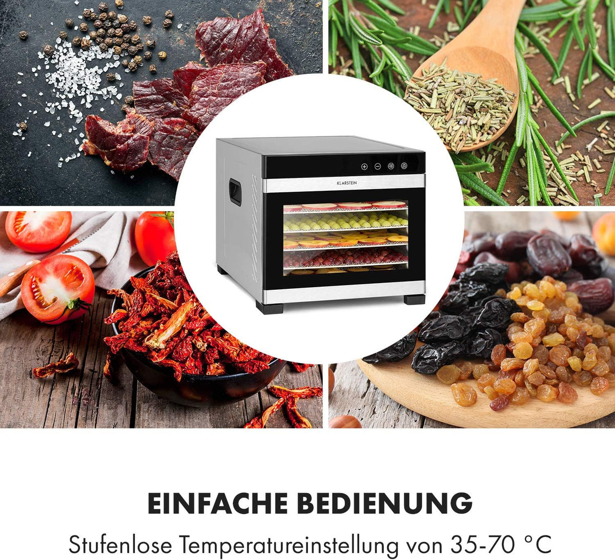Klarstein Flavour Dry Dörrautomat Mit Edelstahl-Gehäuse, 6 Ablagegitter, LCD-Touch-Display, Timer, 360° Airflow Circulation, Digitaler Thermostat, 35-75 C°