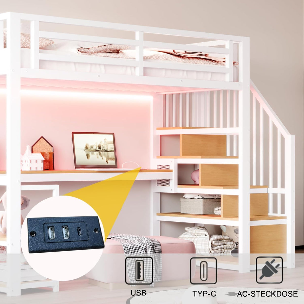 Cama alta de metal Kebnor con escalera de almacenamiento con estantes y mesa, diseño de valla de seguridad con tablones de metal empalmados, cama con estructura de hierro alta con marco de metal para mayor estabilidad (Blanco 90 * 200 cm)