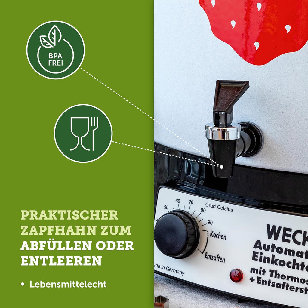 Esterilizador automático WECK WAT14-A de esmalte con termostato de precisión y grifo – Olla conservadora de 29 L, hervidor de vino caliente, extractor de jugo al vapor, máquina para conservas – Fabricado en Alemania, de alta calidad y versátil
