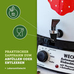 Esterilizador automático WECK WAT14-A de esmalte con termostato de precisión y grifo – Olla conservadora de 29 L, hervidor de vino caliente, extractor de jugo al vapor, máquina para conservas – Fabricado en Alemania, de alta calidad y versátil