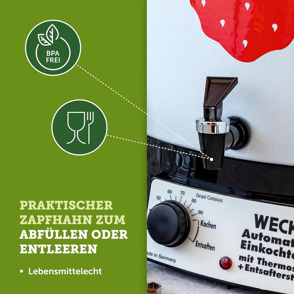Esterilizador automático WECK WAT14-A de esmalte con termostato de precisión y grifo – Olla conservadora de 29 L, hervidor de vino caliente, extractor de jugo al vapor, máquina para conservas – Fabricado en Alemania, de alta calidad y versátil