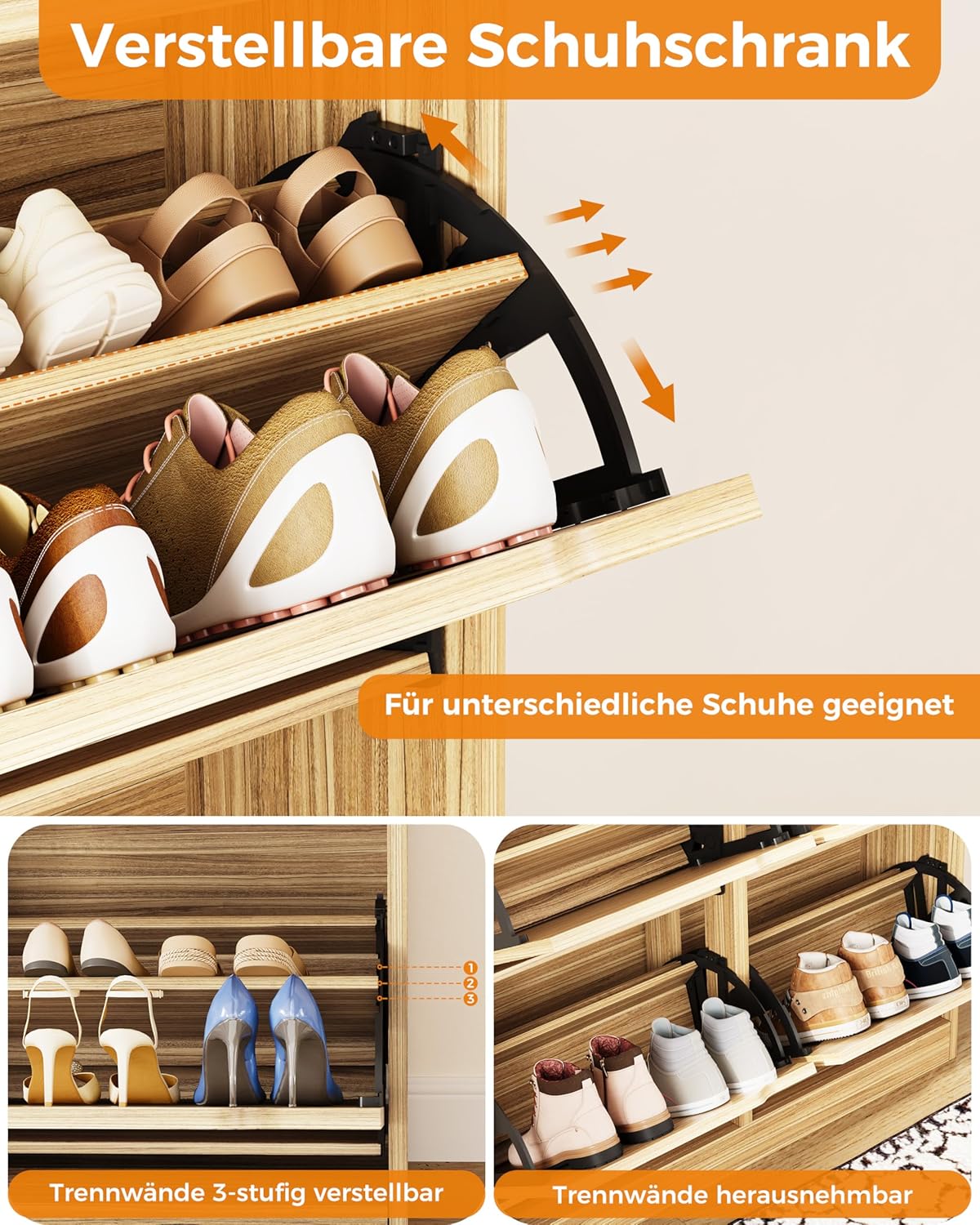 Zapatero IRONCK con 4 puertas abatibles, mueble zapatero estrecho con 2 cajones, estante para zapatos independiente, zapatero tipo cómoda con divisores ajustables, armario zapatero para recibidor, entrada y salón (madera)