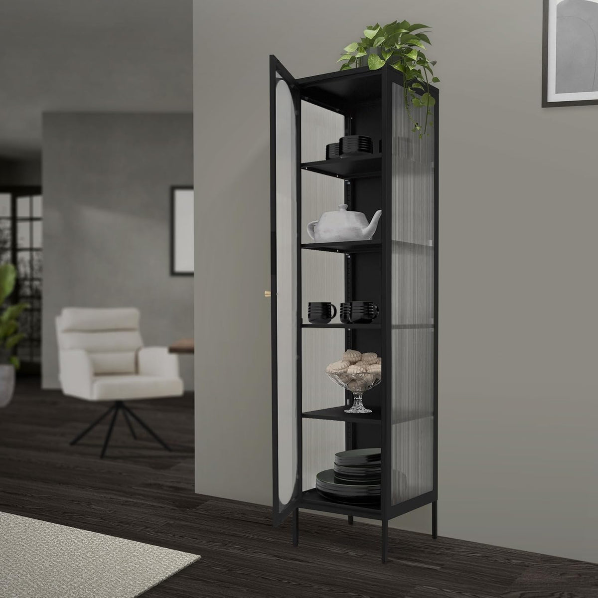 Vitrina ML-Design 42x175x40 cm, negra, vitrina estrecha con 5 estantes y 1 puerta, armario de metal y acero para salón, estilo industrial, armario alto, estantería para libros, archivador, armario de oficina