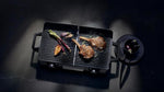 WMF Lono Master-Grill, parrilla eléctrica, 50x28 cm, parrilla de mesa eléctrica con protector contra el viento y bandeja de goteo, certificada para uso en exteriores, 2 superficies de cocción regulables por separado, 2400 W, acero inoxidable mate