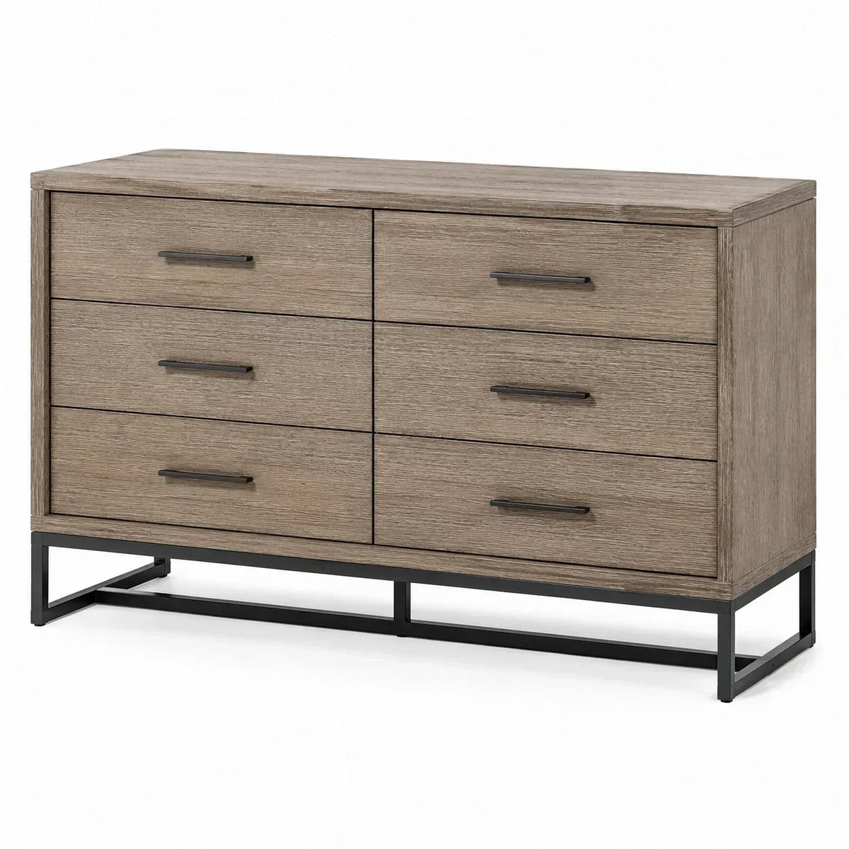 Cómoda de madera de roble con estructura metálica, 6 cajones, marrón