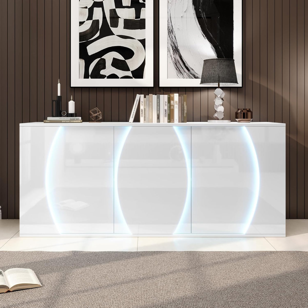 Aparador de salón de alto brillo con 3 puertas, buffet con puertas LED, mueble de salón moderno, armarios de almacenamiento para salón, comedor y pasillo, blanco