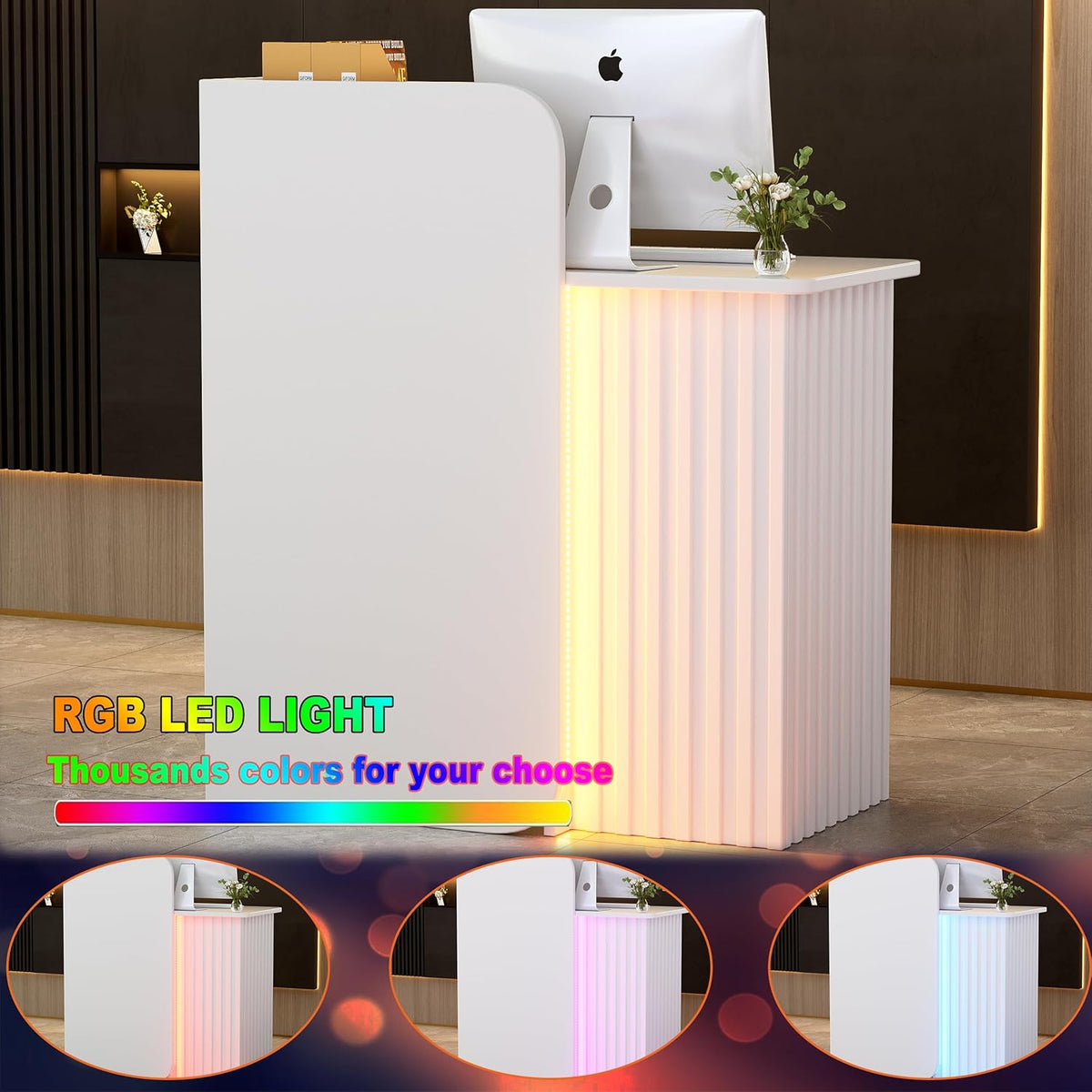 Mostrador de recepción con tira de luz LED, escritorio de recepción pequeño con cajones con cerradura, mueble de recepción moderno, mesa de recepción, mostrador frontal compacto para salón, negocio, hotel y oficina, 44x80x100 cm