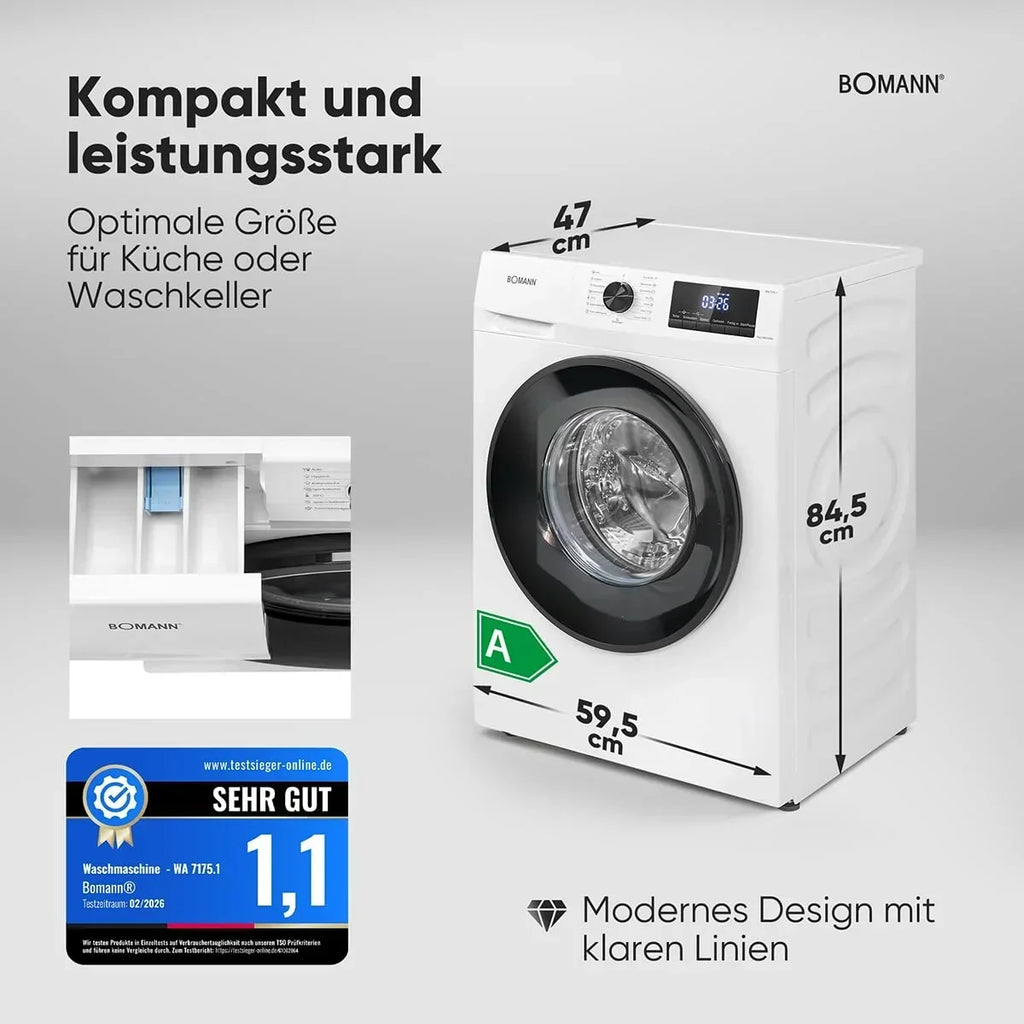 Lavadora Bomann 7 kg, 1400 rpm, motor inverter, 10 años de garantía, 15 programas, inicio diferido, WA 7175.1, clase energética A