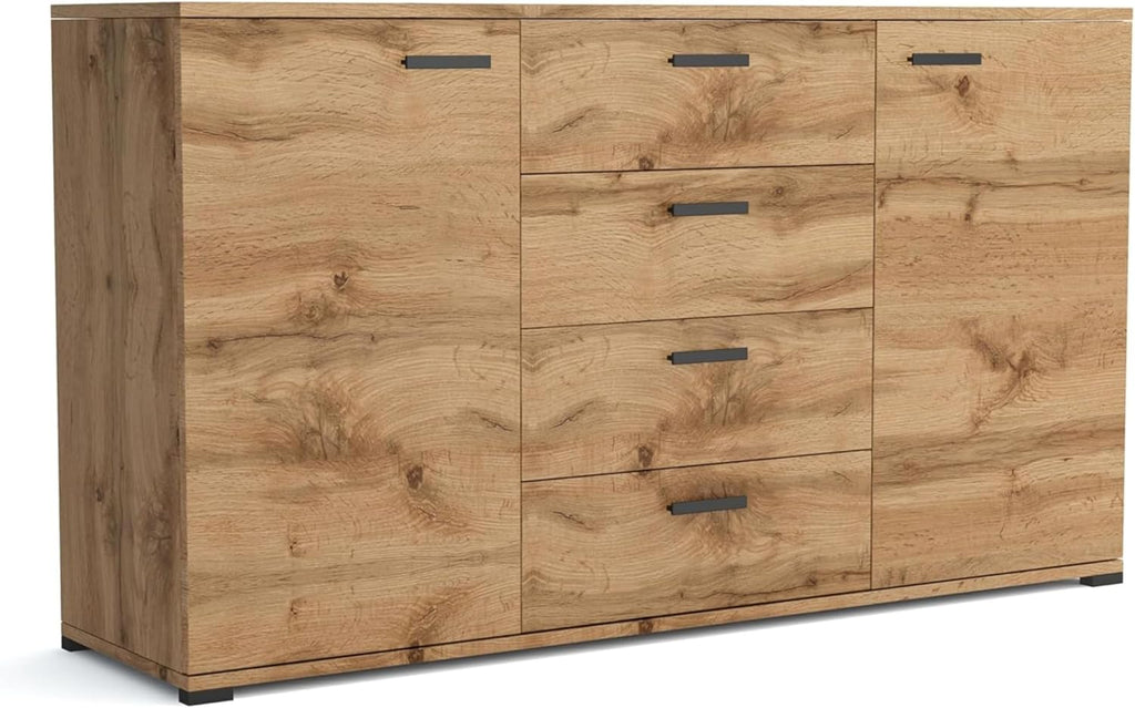 Brent - Cómoda con 4 cajones y 2 puertas de 150 cm de ancho Brixton, aparador para salón o dormitorio, cómoda armario, cómoda roble Wotan