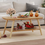 ZKIODV Mesa de centro de madera con 2 estantes, mesa de salón ovalada de madera maciza, mesa de madera con espacio de almacenamiento para sala de estar, mesa de sofá mesa auxiliar de 100x60x45 cm, acabado al aceite natural, mesa de centro de madera maciza