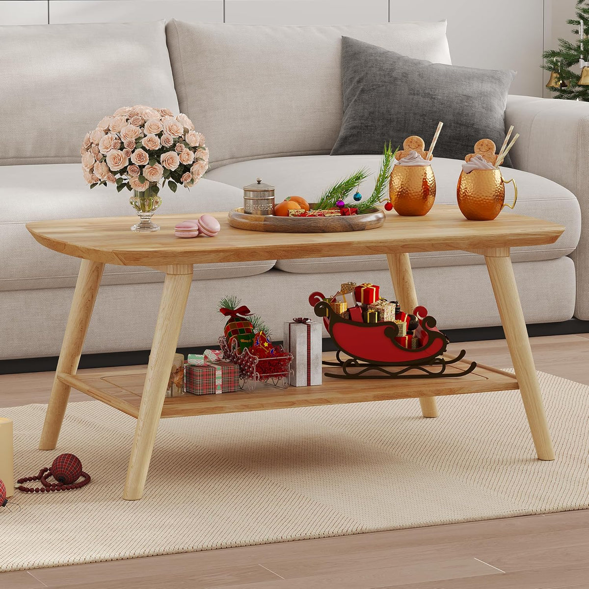 ZKIODV Mesa de centro de madera con 2 estantes, mesa de salón ovalada de madera maciza, mesa de madera con espacio de almacenamiento para sala de estar, mesa de sofá mesa auxiliar de 100x60x45 cm, acabado al aceite natural, mesa de centro de madera maciza