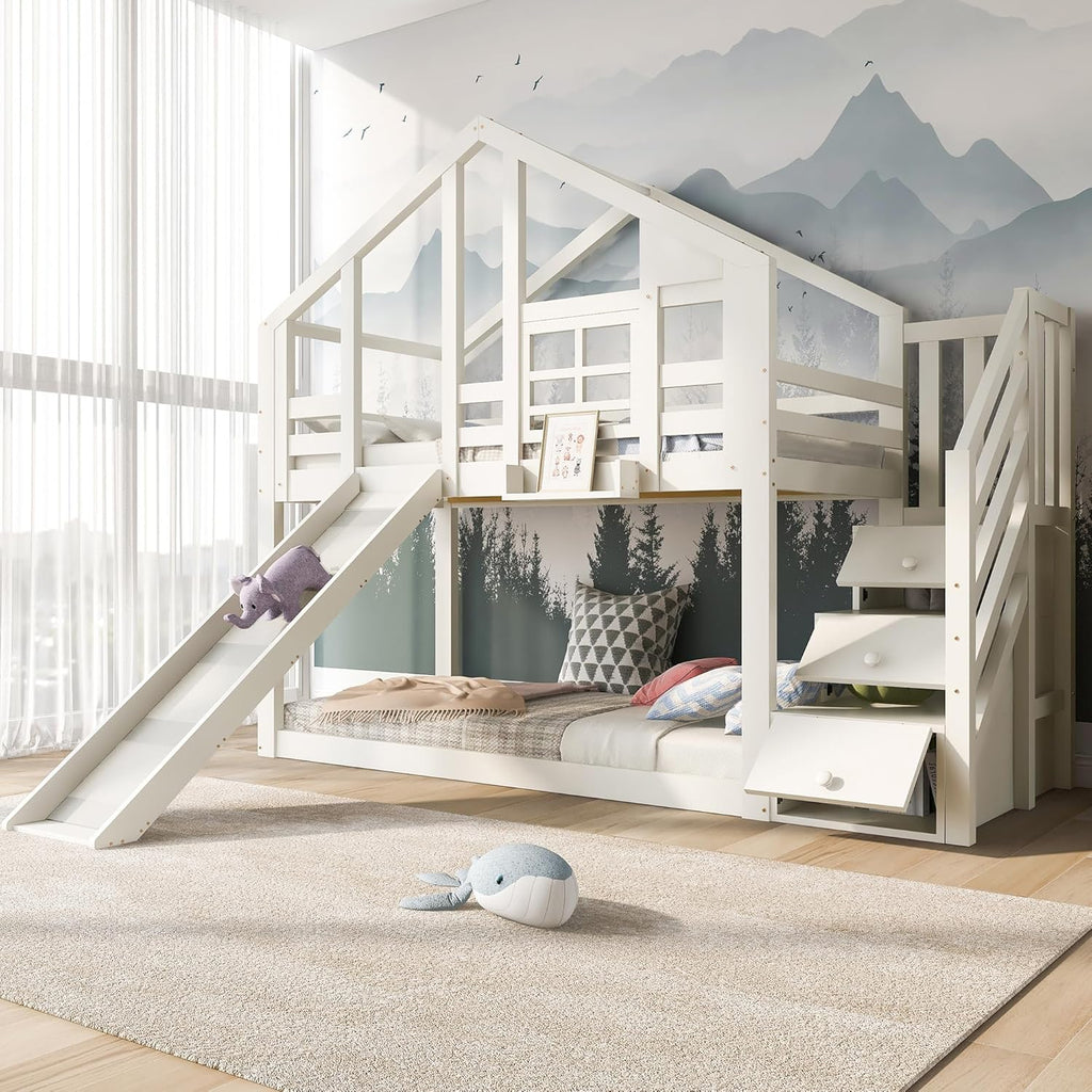 Merax Kinderbett Etagenbett 90x200cm Housebett Stockbett Hochbett mit Rutsche,Treppe Staufach Stauraum,Lattenrost,Rausfallschutz,mit Fenster, für 2 Kinder, Ohne Matratze,Weiß/254×96×207cm