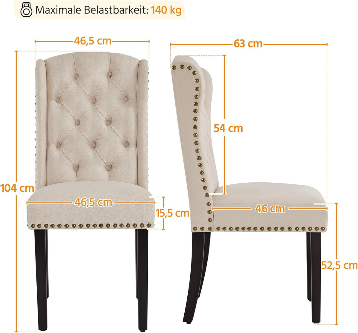 Yaheetech Juego de 2 sillas de cocina con respaldo en forma de ala, silla tapizada de comedor con capacidad de carga de hasta 140 kg para comedor/cocina/sala de estar/dormitorio, beige