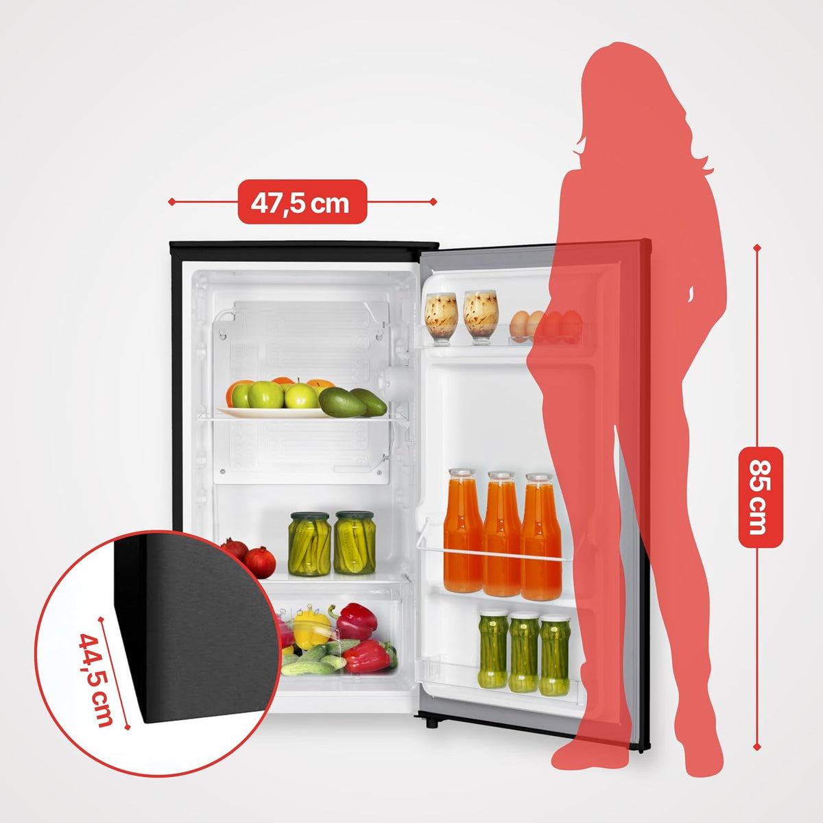 Amica Vollraum-Kühlschrank Freistehend 85x47,5x44,5 cm 90L Inverter Kompressor LED Beleuchtung Gemüseschublade Türablagen AVK 3510 SW - Schwarz