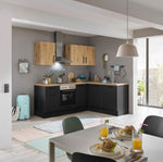 Cocina en L Turin 220 x 211 x 60 cm, negro - Sin electrodomésticos - Cocina moderna y espaciosa con aspecto de roble artesano y gran capacidad de almacenamiento