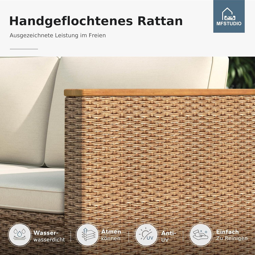 MFSTUDIO Juego de muebles de jardín de ratán de 3 piezas con cojines beige para 4 personas, pequeño sofá de exterior en forma de L con mesa de madera, conjunto de salón de jardín para terraza, balcón