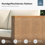 MFSTUDIO Juego de muebles de jardín de ratán de 3 piezas con cojines beige para 4 personas, pequeño sofá de exterior en forma de L con mesa de madera, conjunto de salón de jardín para terraza, balcón