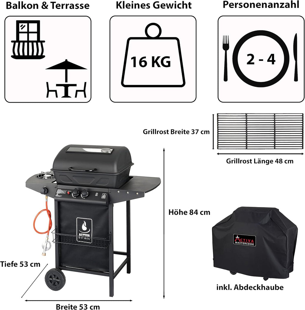 Barbacoa de gas ACTIVA Halifax Lavastein I Barbacoa de gas premium con piedras de lava y funda protectora I Quemador principal de 5,5 kW de regulación continua para una barbacoa perfecta