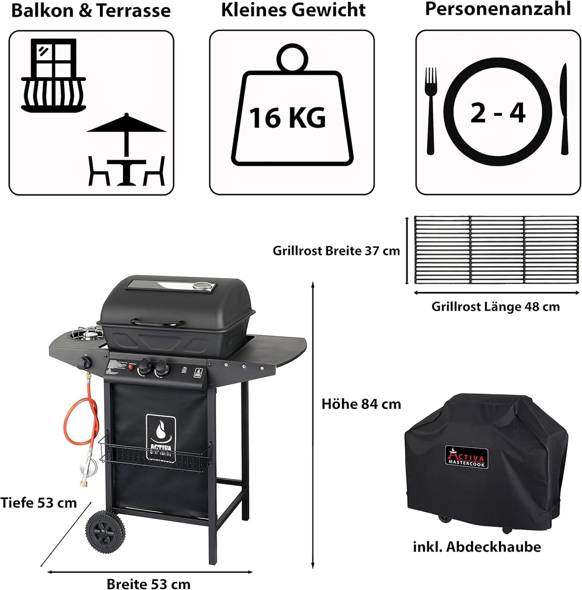 ACTIVA Halifax Lavastein - Parrilla de gas con piedras de lava y funda protectora | Quemador principal de 5,5 kW de regulación continua para una barbacoa perfecta