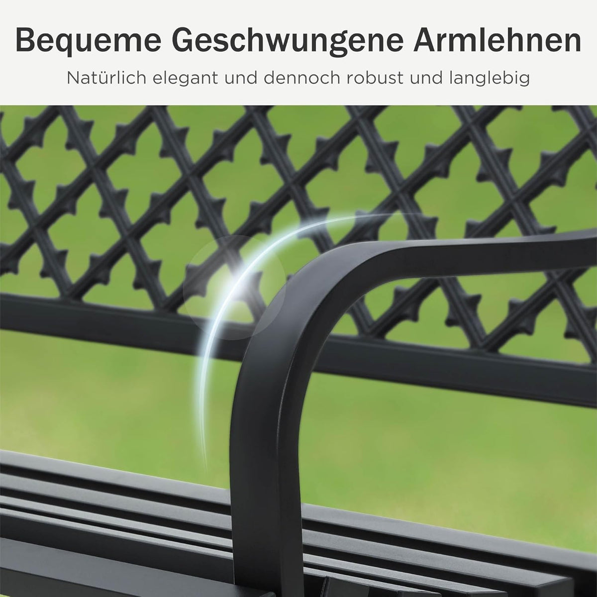 PHI VILLA Schwarze Gartenbank mit Rückenlehne aus Gusseisen und stabilem Stahlrahmen 2-3 Sitzer Bank Outdoor für Veranda, Park, Balkon und Garten