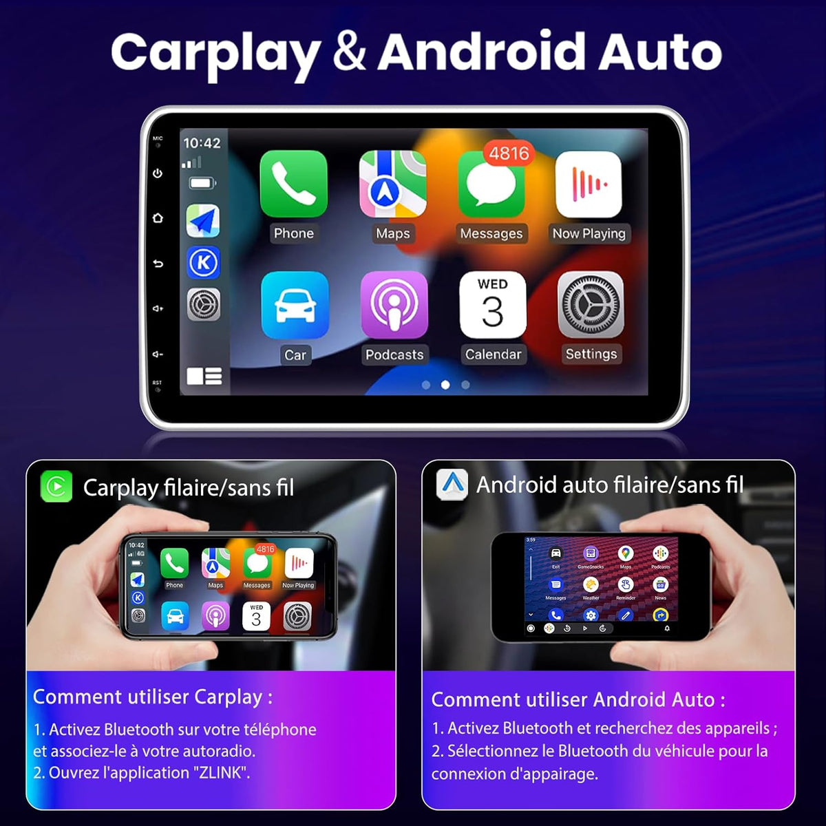 Autorradio Hexinex Android 13 Universal 1 DIN | Pantalla táctil HD de 10 pulgadas | 2 GB + 32 GB | Compatible con CarPlay y Android Auto | Cámara de visión trasera incluida | GPS, WiFi, Bluetooth, FM RDS, control al volante