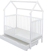 Set completo de cuna Baby Delux, cama casita de 60x120 cm, color blanco, con cajón, barrera anticaídas, colchón, ropa de cama y set de decoración (Prince Stars)