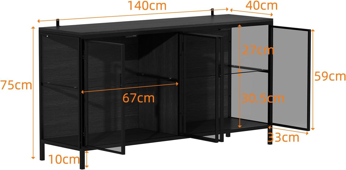 Caldion Modernes Glasvitrine mit LED-Beleuchtung,140×40×75cm,Vitrinenschrank aus gehärtetem Glas und MDF,Eisen, Glasschrank mit 3-Farbiger Beleuchtung, für Wohnzimmer,Büro