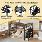Hochbett, 140*200cm , Einlegeböden, Stauraumleiter, Freiraum unter dem Bett zum Verkleiden, Geländer, ohne Matratze, Schwarz Möbel, Schlafzimmermöbel, Bett, Bettgestell und Untergestell WX00057