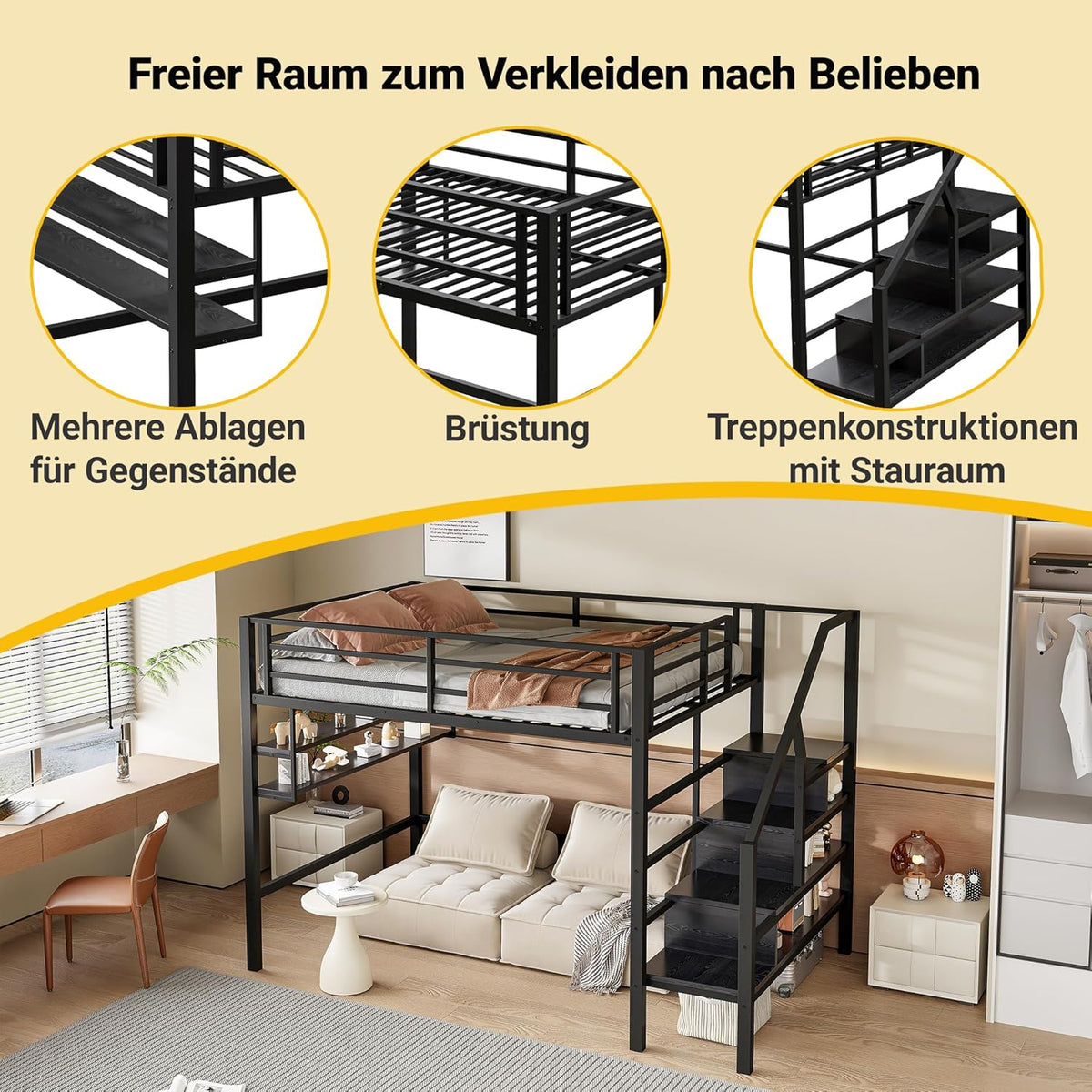 Hochbett, 140*200cm , Einlegeböden, Stauraumleiter, Freiraum unter dem Bett zum Verkleiden, Geländer, ohne Matratze, Schwarz Möbel, Schlafzimmermöbel, Bett, Bettgestell und Untergestell WX00057