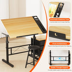 Mesa de dibujo Dripex, inclinable 0-60°, mesa de arquitecto, tablero ajustable, altura regulable, mesa de trabajo, mesa de dibujo y ordenador con taburete y cajones para oficina y hogar, color madera
