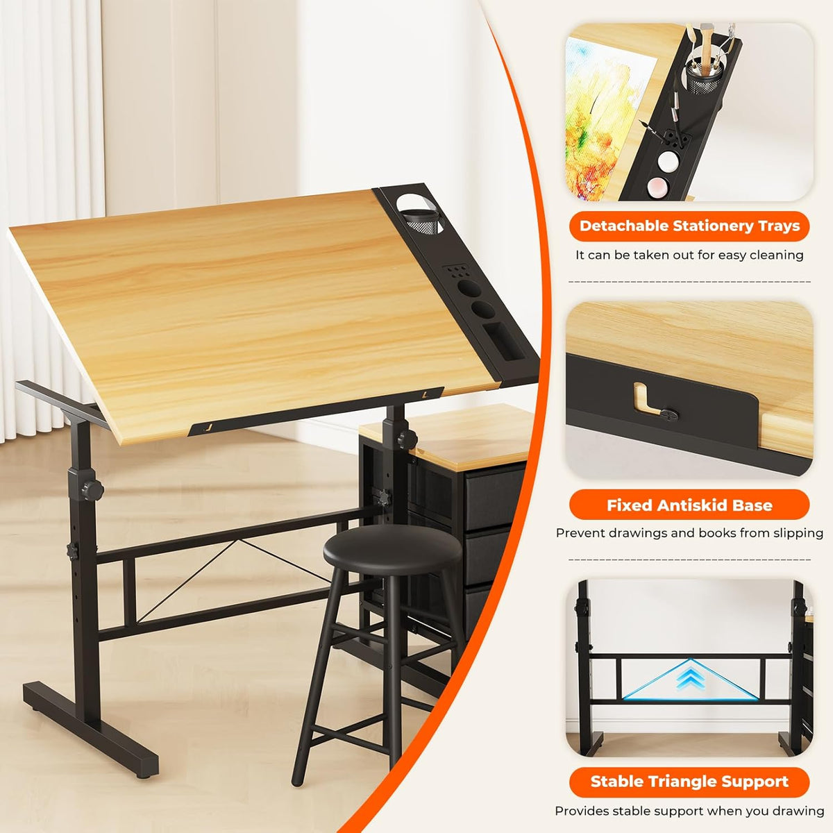 Mesa de dibujo Dripex, inclinable 0-60°, mesa de arquitecto, tablero ajustable, altura regulable, mesa de trabajo, mesa de dibujo y ordenador con taburete y cajones para oficina y hogar, color madera