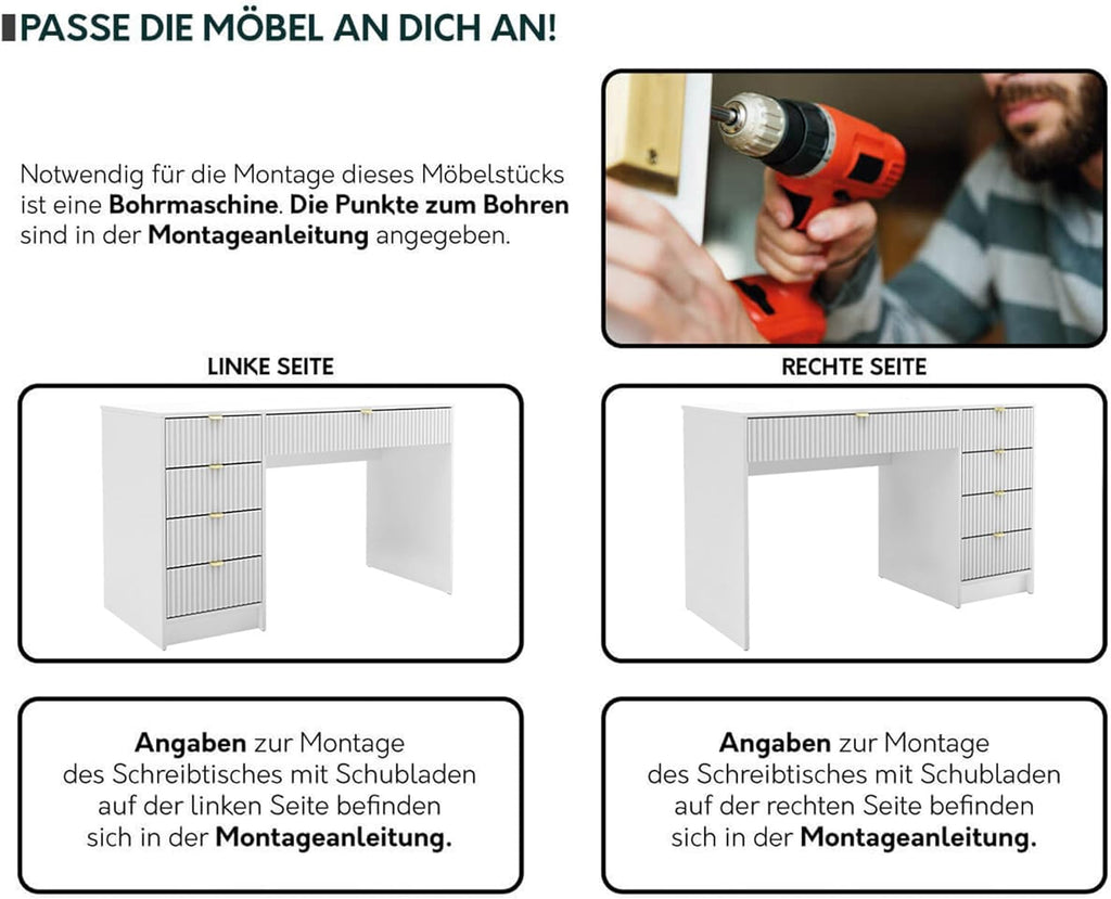 Escritorio Mirjan24 Tireno, 5 cajones universales, frentes estriados, escritorio para estudiantes, mesa de ordenador, escritorio infantil, mesa de trabajo, escritorio para PC, habitación juvenil, habitación infantil (beige arena)