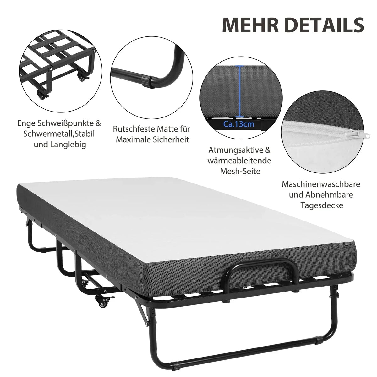 Cama plegable DICTAC 90x200cm para adultos con colchón de espuma viscoelástica de 13cm, estructura metálica plegable con ruedas, capacidad de carga de 200kg
