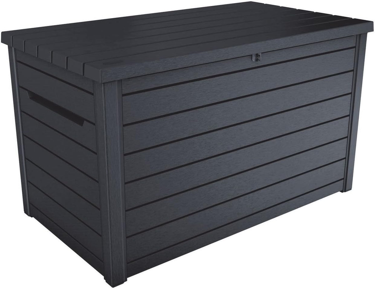 Koll Living Caja para cojines/Arcón exterior Goliath XXL 870 litros Color: Grafito | 100% impermeable | con ventilación para evitar malos olores y moho | aspecto de madera moderno | tapa resistente hasta 50 kg