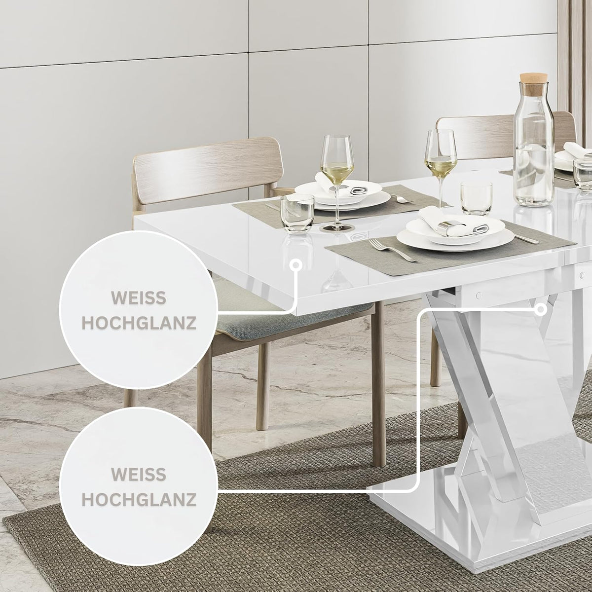 Malvi - Esstisch Ausziehbar auf 160 cm - 120x80x75 cm - Modern - Dinner Table - Esszimmertisch - Tisch für Esszimmer, Wohnzimmer - Ausziehtisch - Weiß Hochglanz