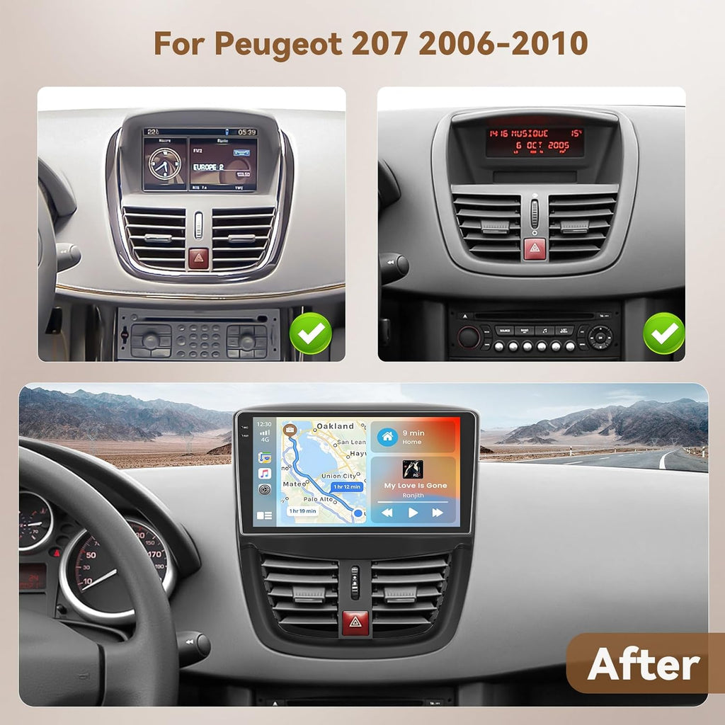 Autorradio Hikity Android 15 4+64 GB con pantalla táctil Incell de 9 pulgadas para Peugeot 207 2006-2010, radio de coche con Apple CarPlay y Android Auto inalámbricos, BT/WiFi/FM/RDS + cámara de visión trasera + micrófono