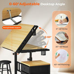 Mesa de dibujo Dripex, inclinable 0-60°, mesa de arquitecto, tablero ajustable, altura regulable, mesa de trabajo, mesa de dibujo y ordenador con taburete y cajones para oficina y hogar, color madera