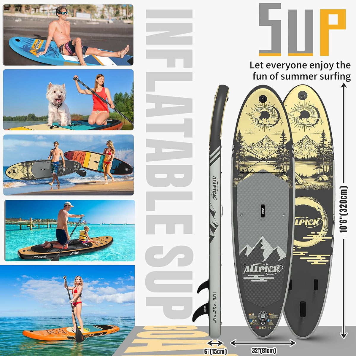 Set de tabla de SUP premium ALLPICK, tabla de paddle surf inflable, con soporte universal para cámara, accesorios completos, remo ajustable, principiantes, avanzados, 200 kg