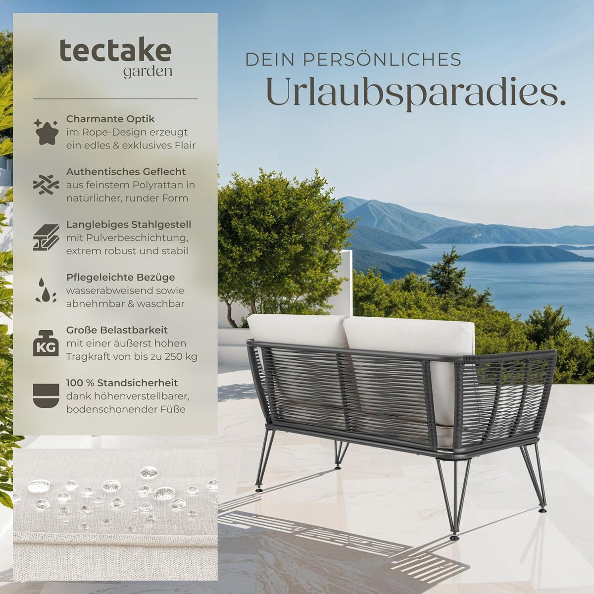 Sofá tipo lounge de ratán tectake®, muebles de salón para exteriores, muebles de balcón, muebles de exterior, muebles de jardín de ratán, sofá de jardín con cojines impermeables para exterior, muebles de balcón para balcones pequeños, jardín de invierno
