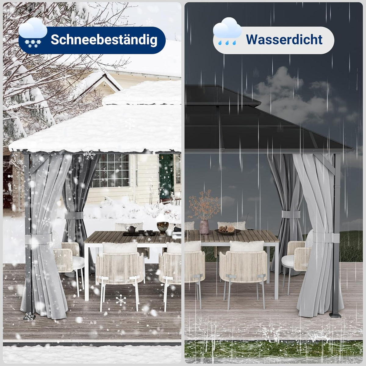 UDPATIO 3x4 m Pavillon Polycarbonat Doppeldach mit Vorhängen,Wetterbeständige Legierungen-Gartenpavillon wasserdicht stabil Winterfest UV-Schutz 6x6 cm starken Pfosten für Garten, Terrasse, Grau