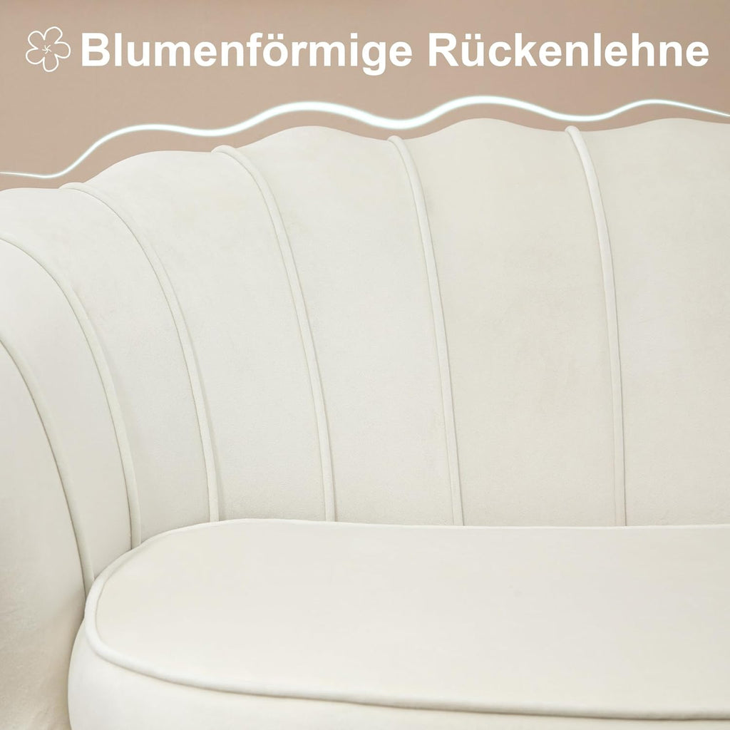 HOMCOM Sofa 2 Sitzer Couch mit Armlehne blütenblattförmiger Rückenlehne Dick Gepolstert Polstersofa Modern Doppelsofa mit Samtoptik, Metallbeine für Wohnzimmer, 130 x 77 x 77 cm, Cremeweiß