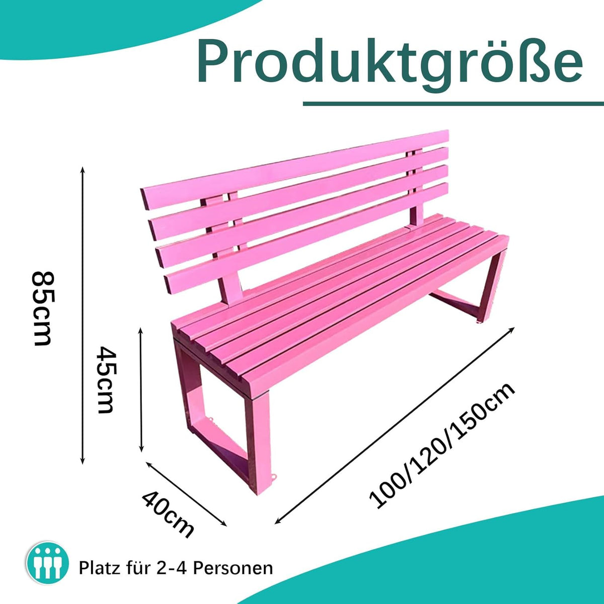 Gartenbank,Wetterfest Outdoor Bank Sitzbank,Metall Stahl Bank, Metallbank Garten,100/120/150/cm,Mit Rückenlehne,Tragkraft bis 200kg, for Terrasse Park Rasen Hof,2-4 Sitzer 150×40×85cm-Rot
