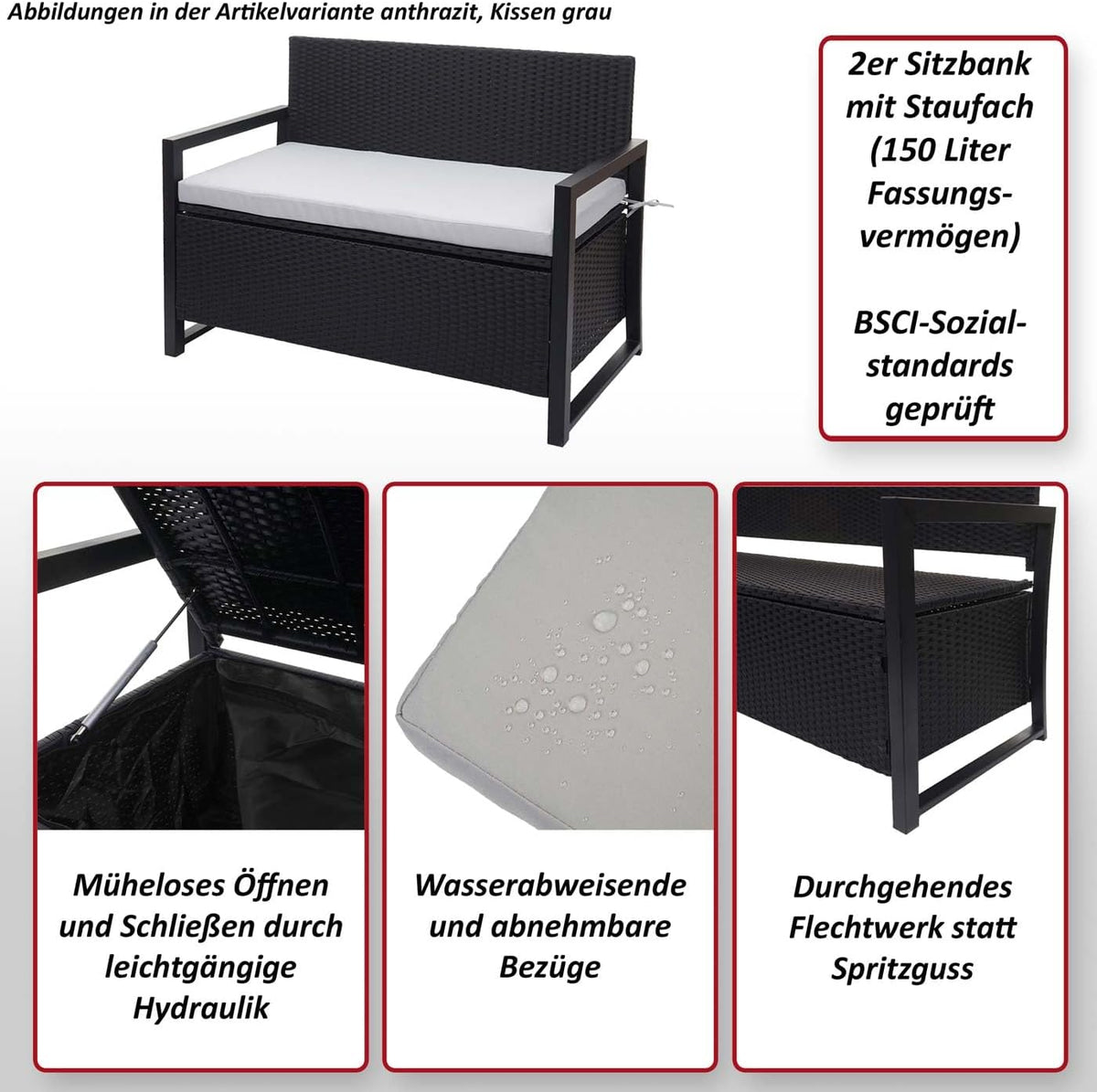 Banco de jardín Mendler Poly-Rattan 2 plazas HWC-F39AM, banco arcón, compartimento de almacenamiento con cojín - gris, cojines negros