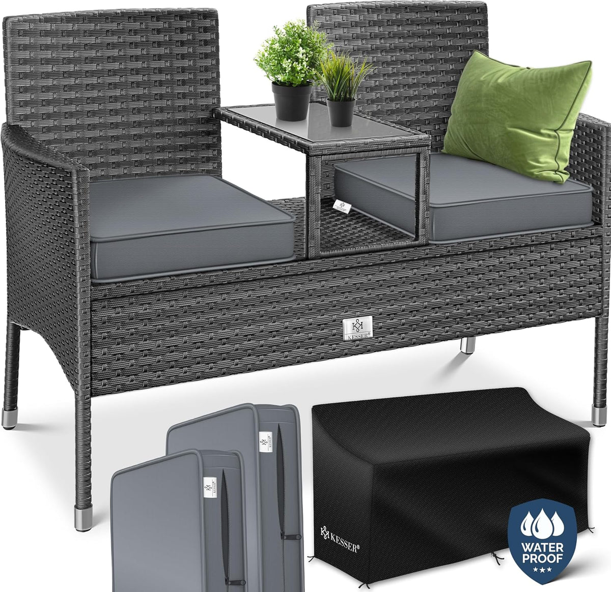 Banco de jardín KESSER® de ratán sintético con mesa, 2 plazas, 143x63x88cm, banco de jardín resistente a la intemperie, banco de exterior, banco de balcón con estante, mueble de jardín de ratán para jardín y balcón + cojines y funda, antracita