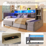 Cama nido, sofá cama, 90 × 190 cm, con dos cajones, puertos USB y tipo C, compartimento de almacenamiento, banco de almacenaje a los pies de la cama, tira de luz LED, sin colchón, terciopelo, gris oscuro