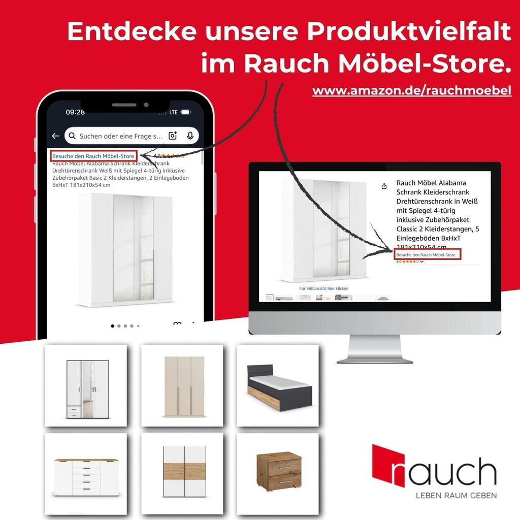 Rauch Möbel Lagoa, Kleiderschrank, Garderobe für Schlafzimmer, Kinderzimmer, Jugendzimmer 3-türig mit Spiegel, 2 Schubladen, mit Zubehör Basic, Farbe Weiß, Breite 136 cm