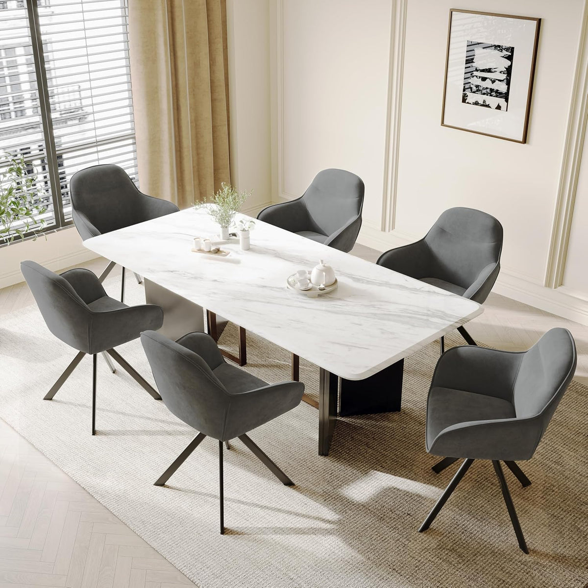 Juego de 6 sillas de comedor giratorias con reposabrazos: silla de comedor giratoria 360°, silla tapizada de terciopelo, silla de cocina giratoria con patas de metal para comedor, cocina, sala de estar, gris oscuro