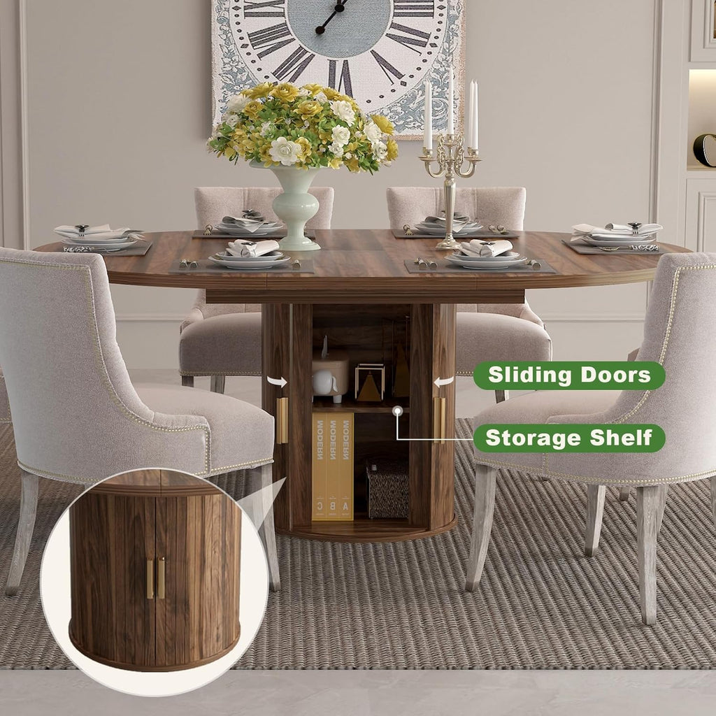 Mesa de comedor extensible, mesa de comedor redonda con base de madera, extensible a ovalada, mesa de cocina moderna para 4-6 personas, marrón rústico, base de pedestal
