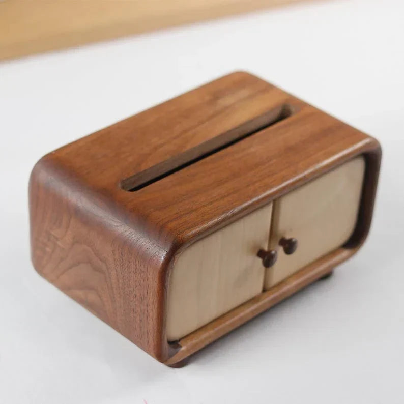 Mini caja de pañuelos de madera con diseño de armario, nogal, compacta
