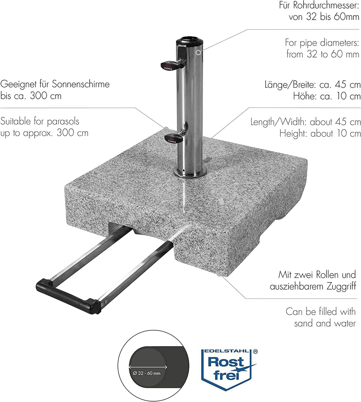 Base de granito con ruedas Doppler de 45 kg | Soporte para sombrillas con un diámetro máximo de 250 cm y un diámetro de mástil de 3,2 a 6,0 cm | Base para sombrilla con asa extensible